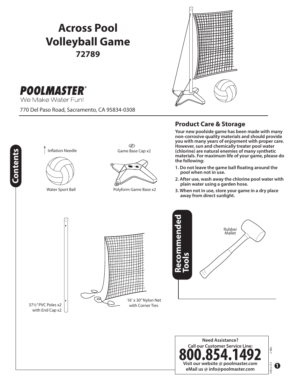 Poolmaster 72789 Across Pool Volleyball Game User Manual | 2 pages