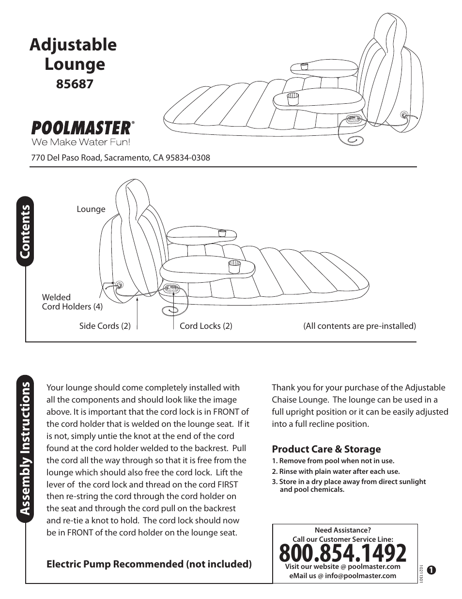 Poolmaster 85687 Adjustable Chaise Floating Lounge User Manual | 2 pages