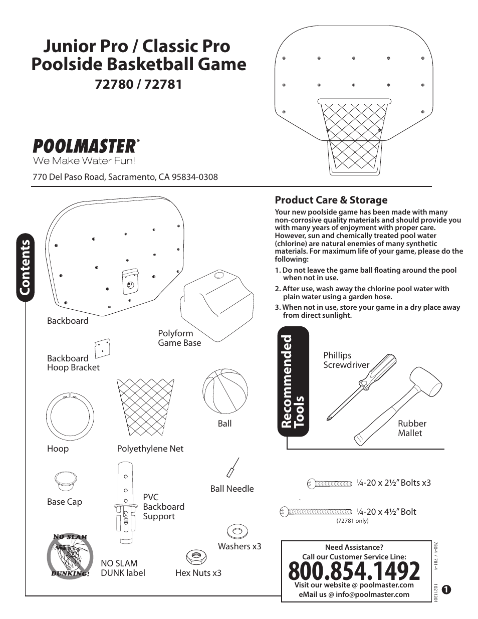 Poolmaster 72781 Classic Pro Poolside Basketball Game User Manual | 2 pages