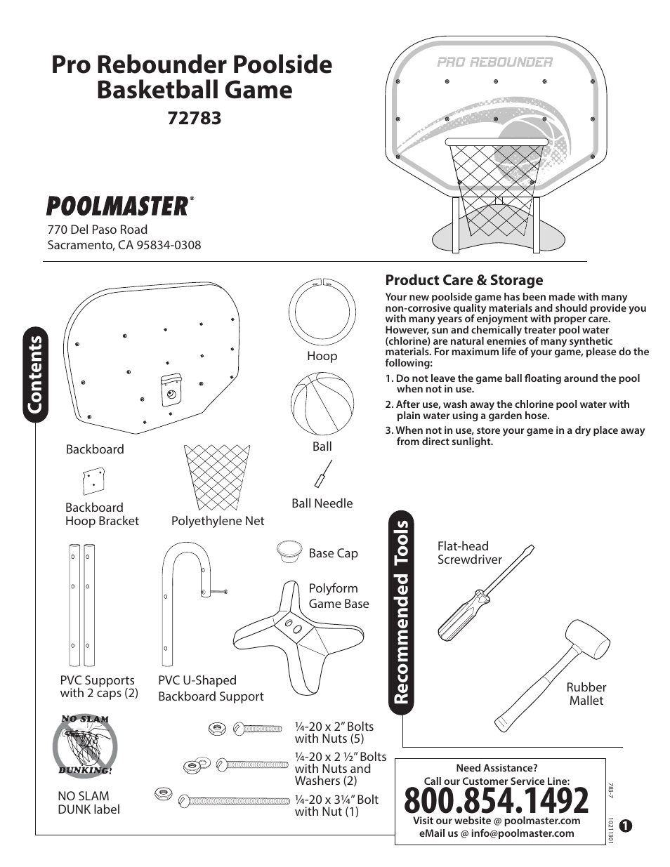 Poolmaster 72783 Pro-Rebounder Poolside Basketball Game User Manual | 3 pages