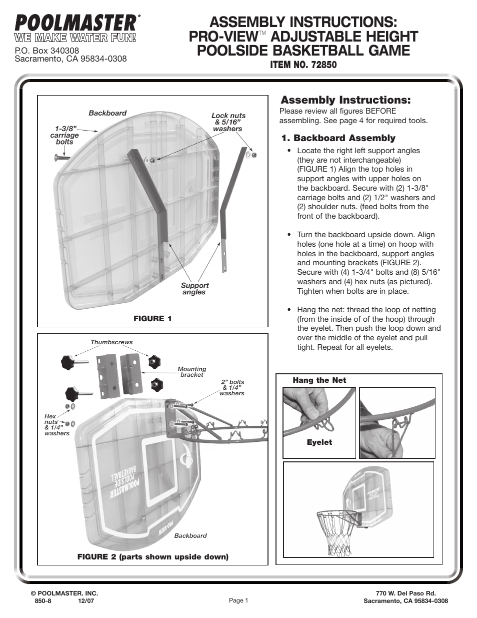 Poolmaster 72850 Pro-View Adjustable Height Poolside Basketball Game User Manual | 4 pages