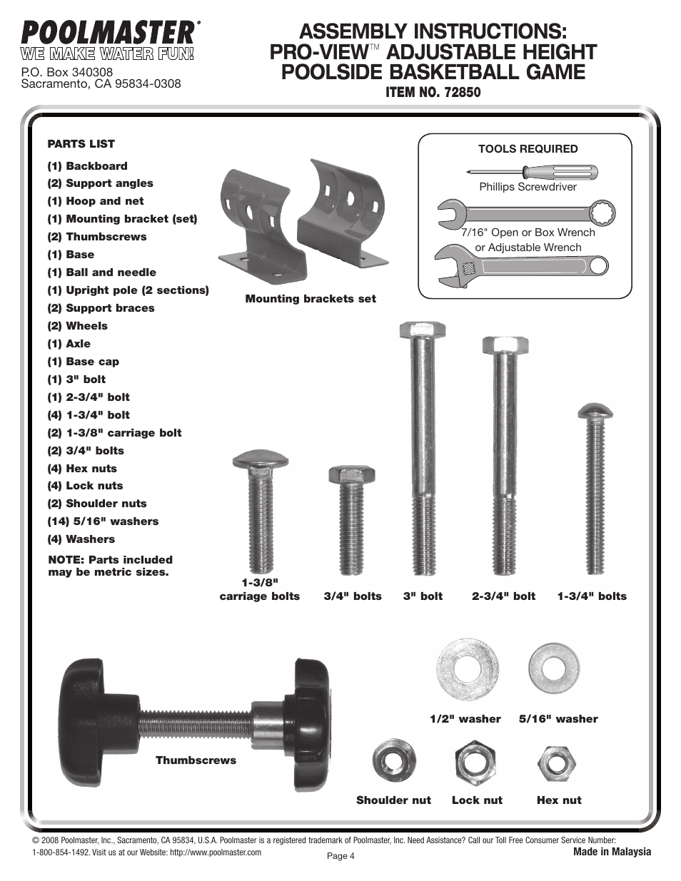 Assembly instructions: pro-view, Adjustable height poolside basketball game | Poolmaster 72850 Pro-View Adjustable Height Poolside Basketball Game User Manual | Page 4 / 4