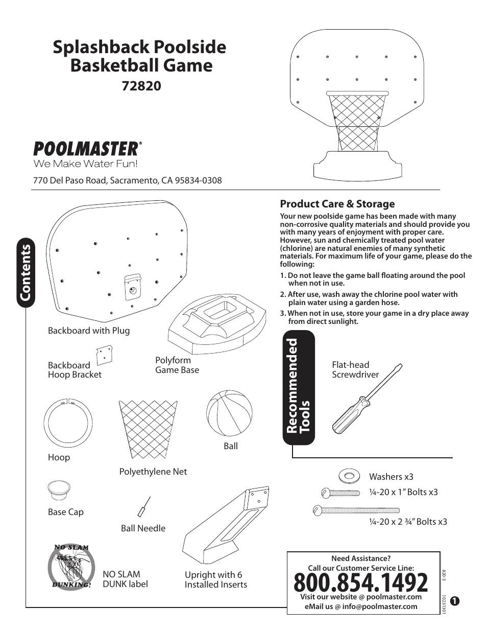 Poolmaster 72820 Splashback Poolside Basketball Game User Manual | 2 pages