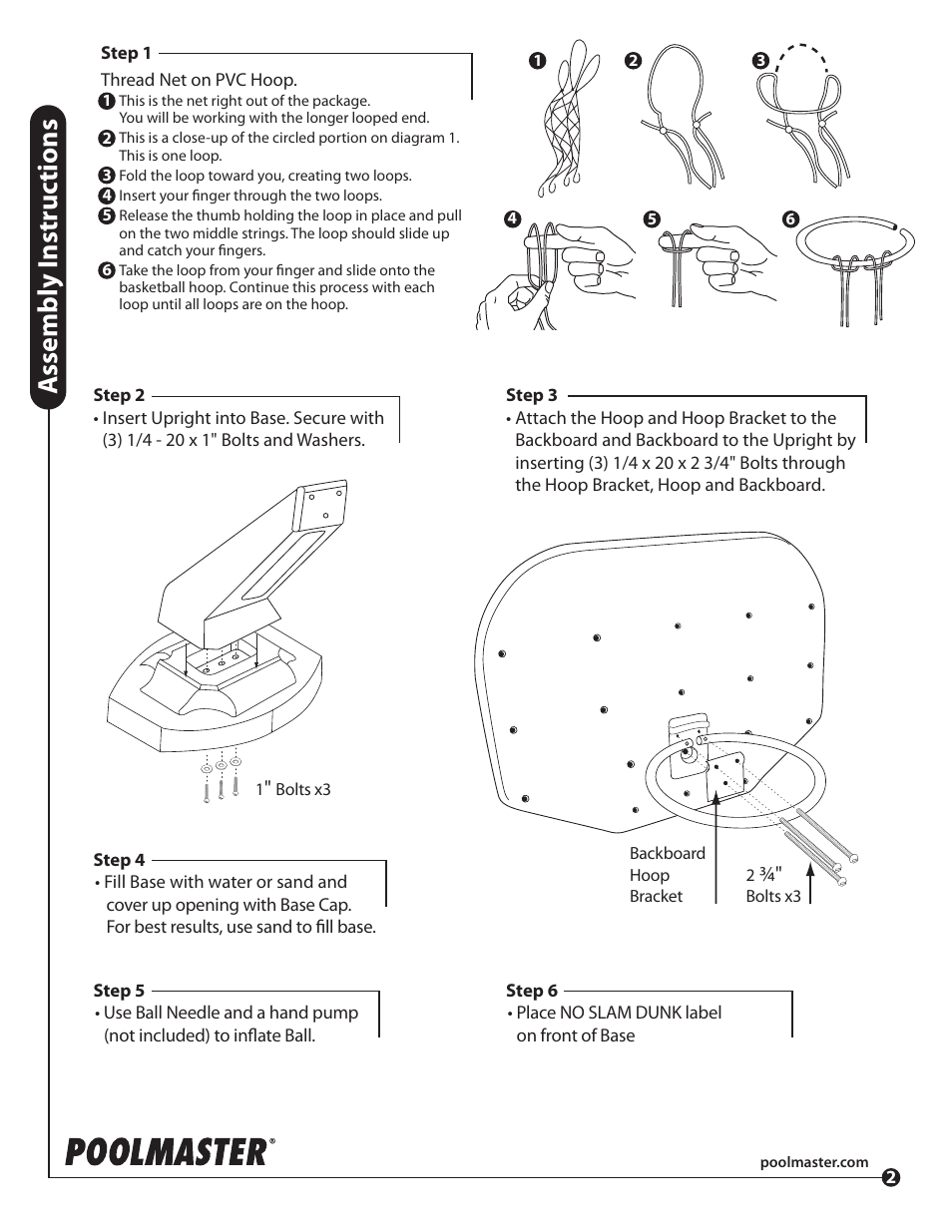 Assembly i nstr uc tions | Poolmaster 72820 Splashback Poolside Basketball Game User Manual | Page 2 / 2