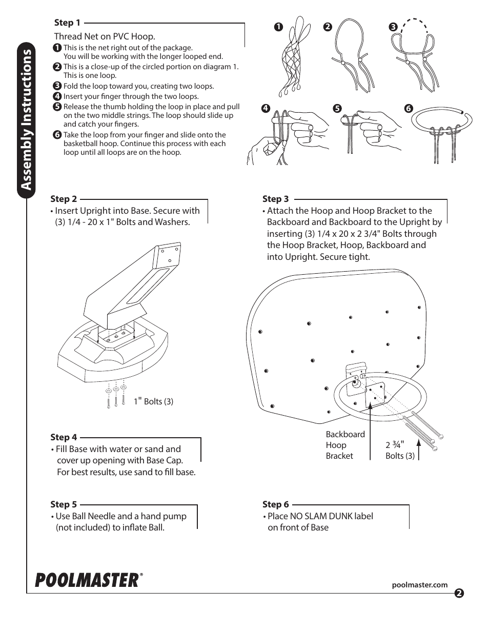 Assembly i nstr uc tions | Poolmaster 72845 Splashback Poolside Volleyball Combo User Manual | Page 2 / 3