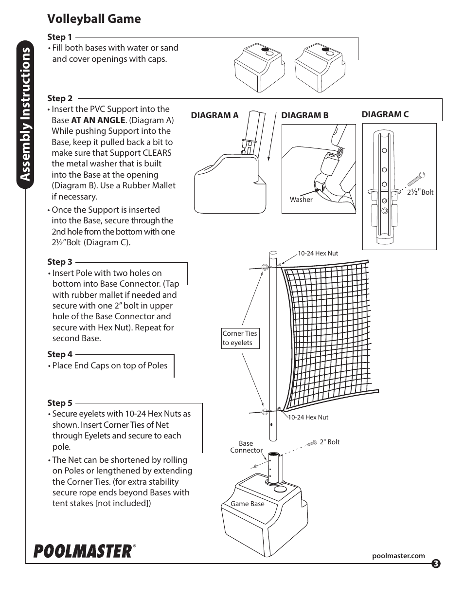 Assembly i nstr uc tions, Volleyball game | Poolmaster 72845 Splashback Poolside Volleyball Combo User Manual | Page 3 / 3