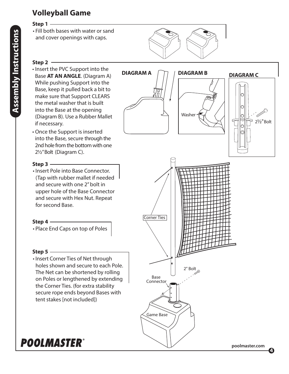 Assembly i nstr uc tions, Volleyball game | Poolmaster 72775 Water Basketball & Volleyball Comb User Manual | Page 4 / 4