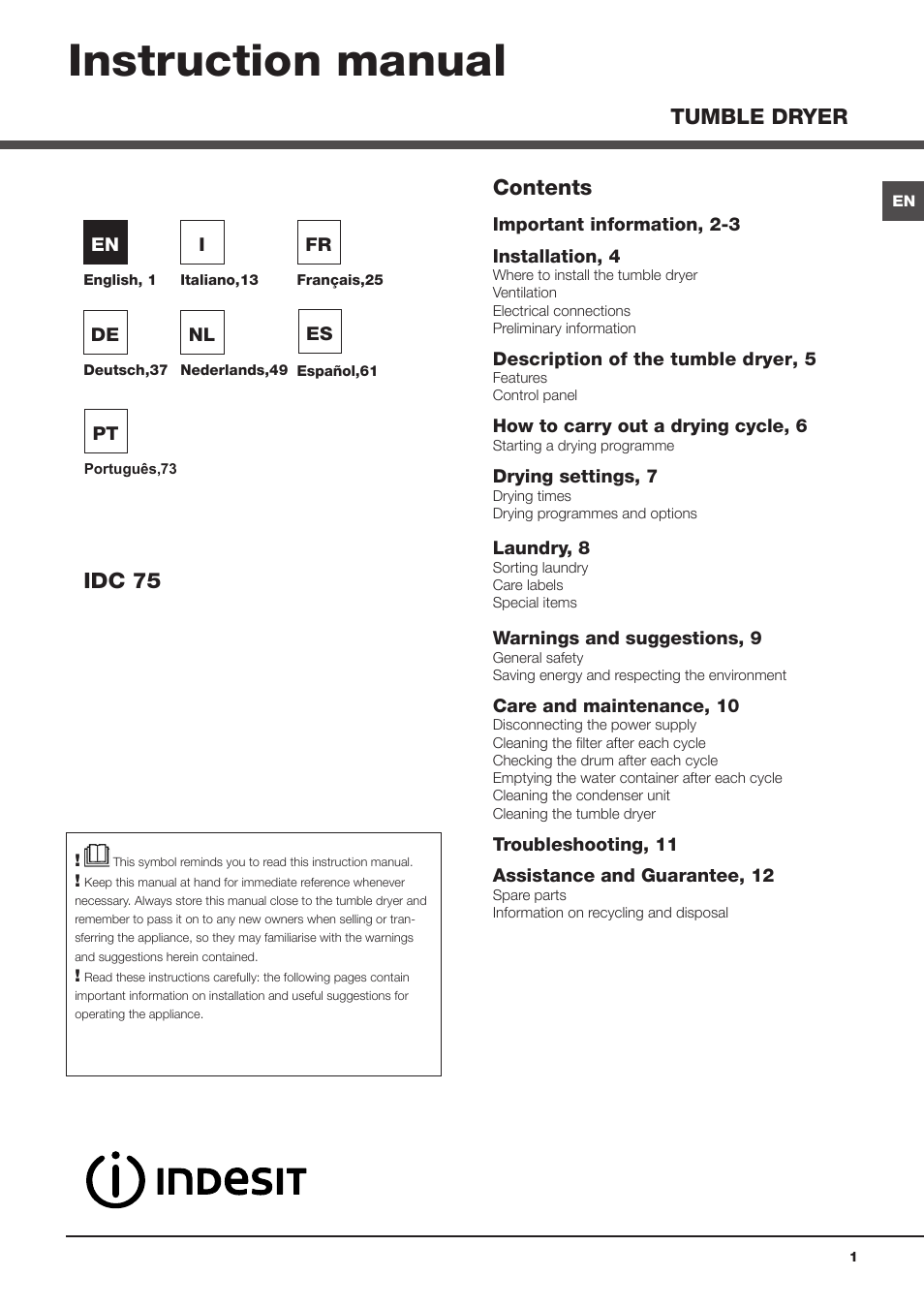 Indesit IDC 75 User Manual | 84 pages