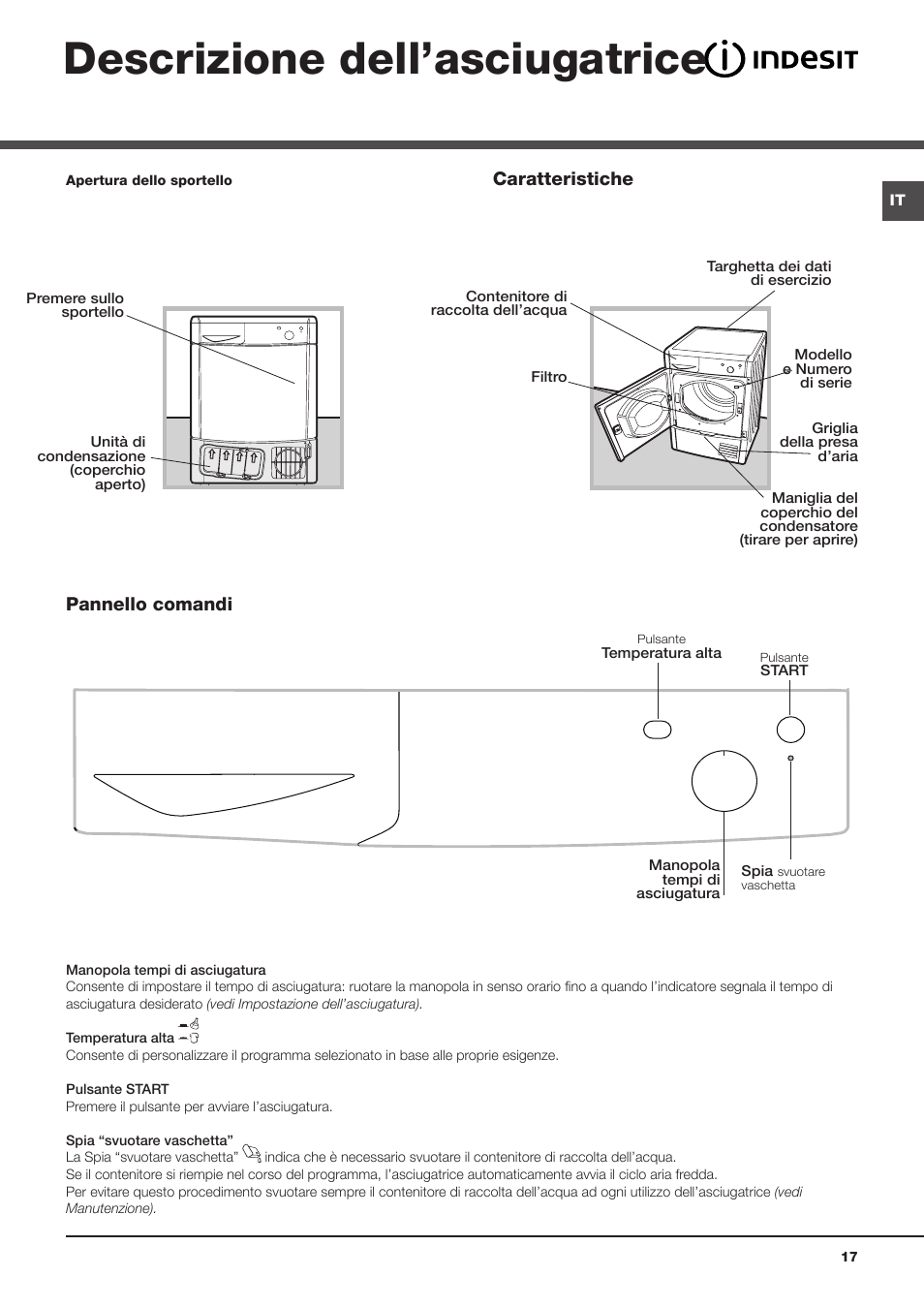 Descrizione dell’asciugatrice, Pannello comandi caratteristiche | Indesit IDC 75 User Manual | Page 17 / 84