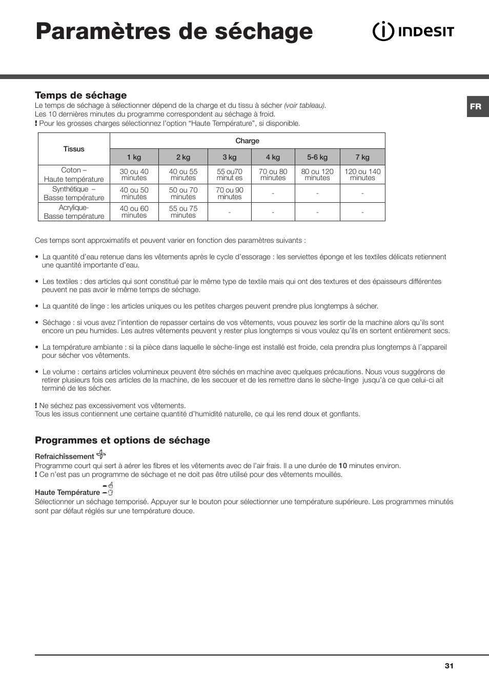 Paramètres de séchage, Temps de séchage, Programmes et options de séchage | Indesit IDC 75 User Manual | Page 31 / 84