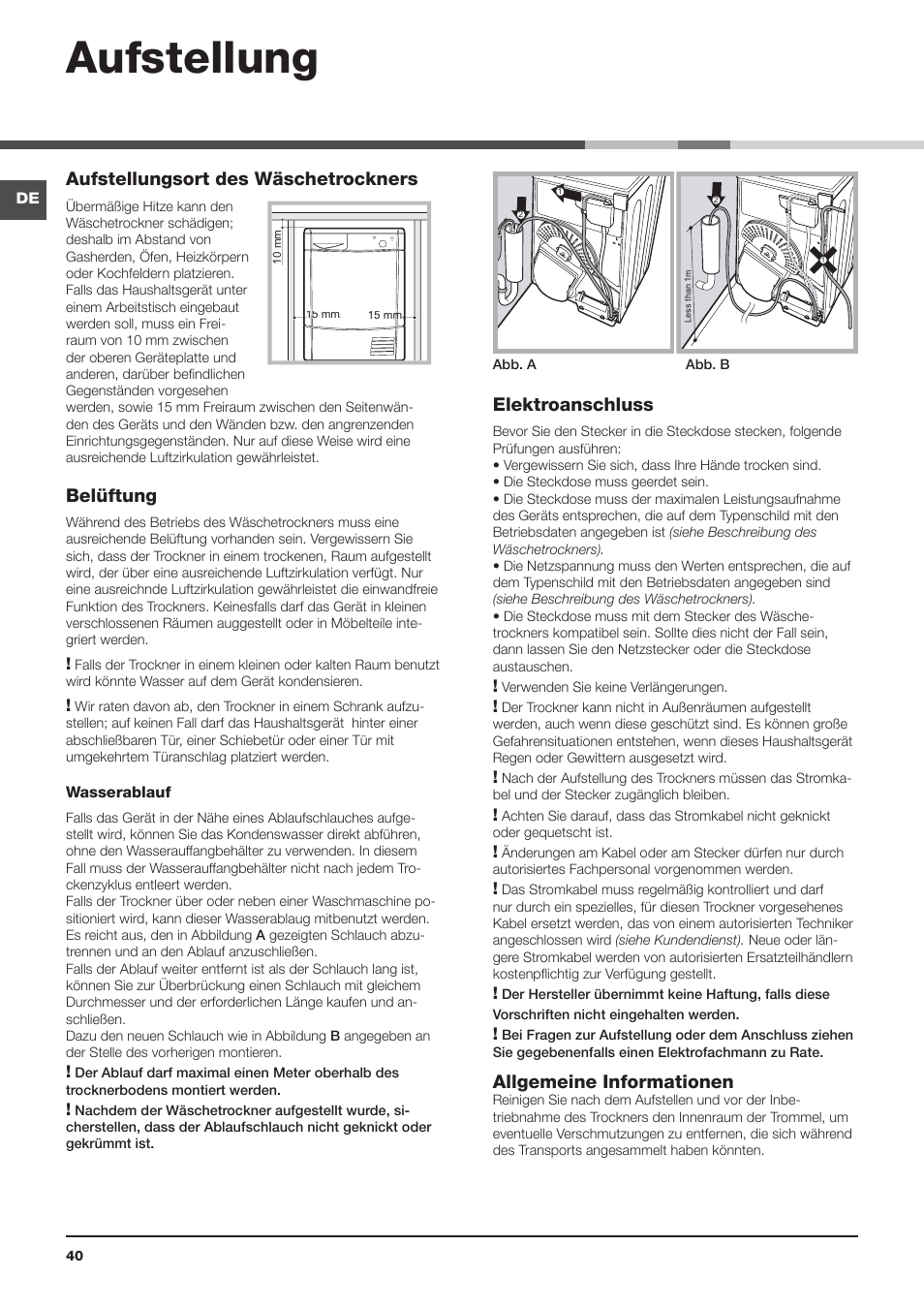 Aufstellung, Aufstellungsort des wäschetrockners, Belüftung | Elektroanschluss, Allgemeine informationen | Indesit IDC 75 User Manual | Page 40 / 84