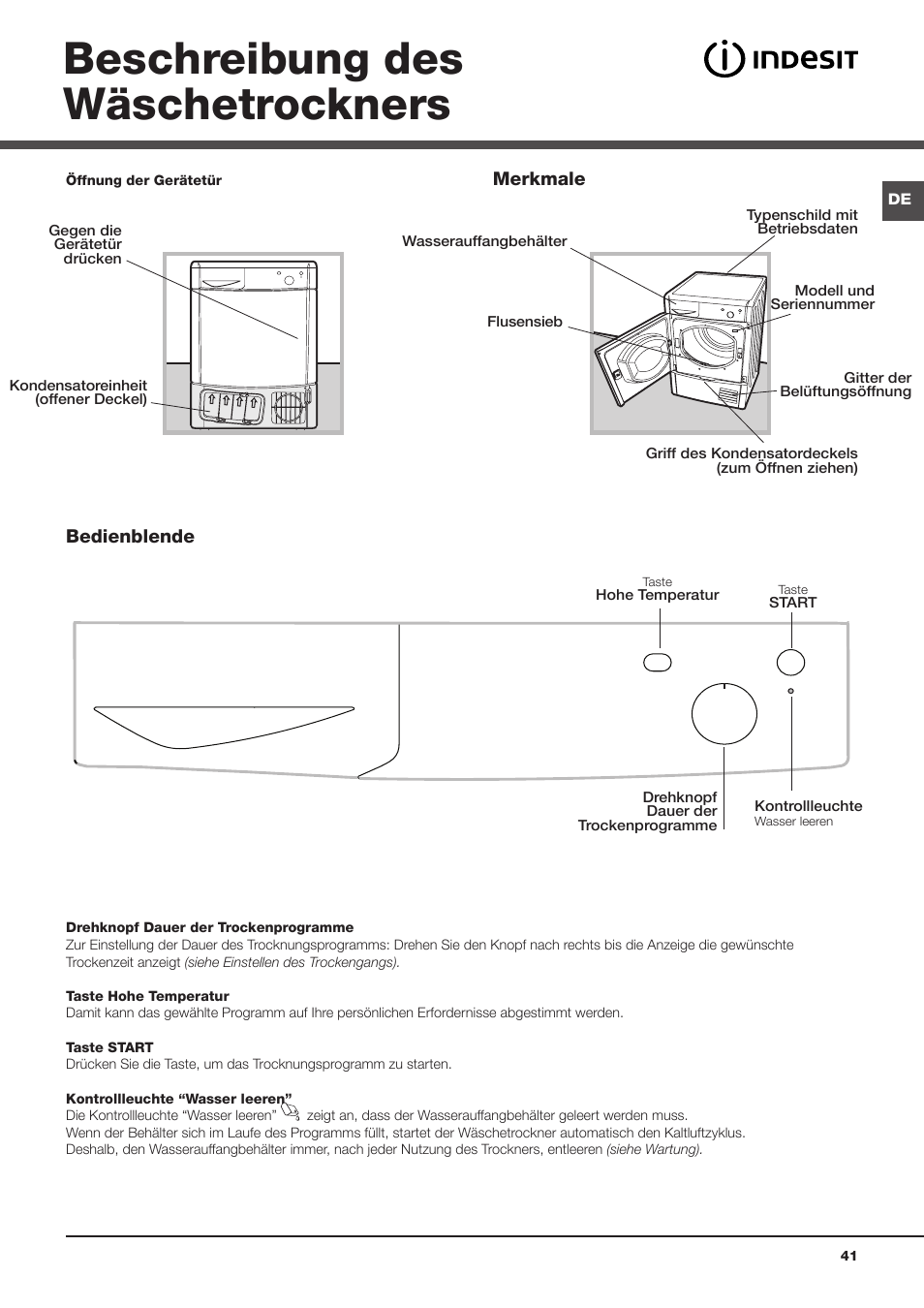 Beschreibung des wäschetrockners | Indesit IDC 75 User Manual | Page 41 / 84