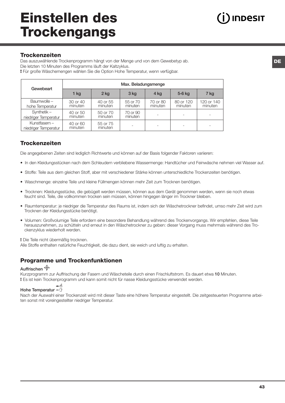 Einstellen des trockengangs, Trockenzeiten, Programme und trockenfunktionen | Indesit IDC 75 User Manual | Page 43 / 84