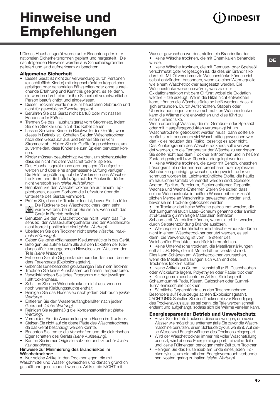 Hinweise und empfehlungen | Indesit IDC 75 User Manual | Page 45 / 84