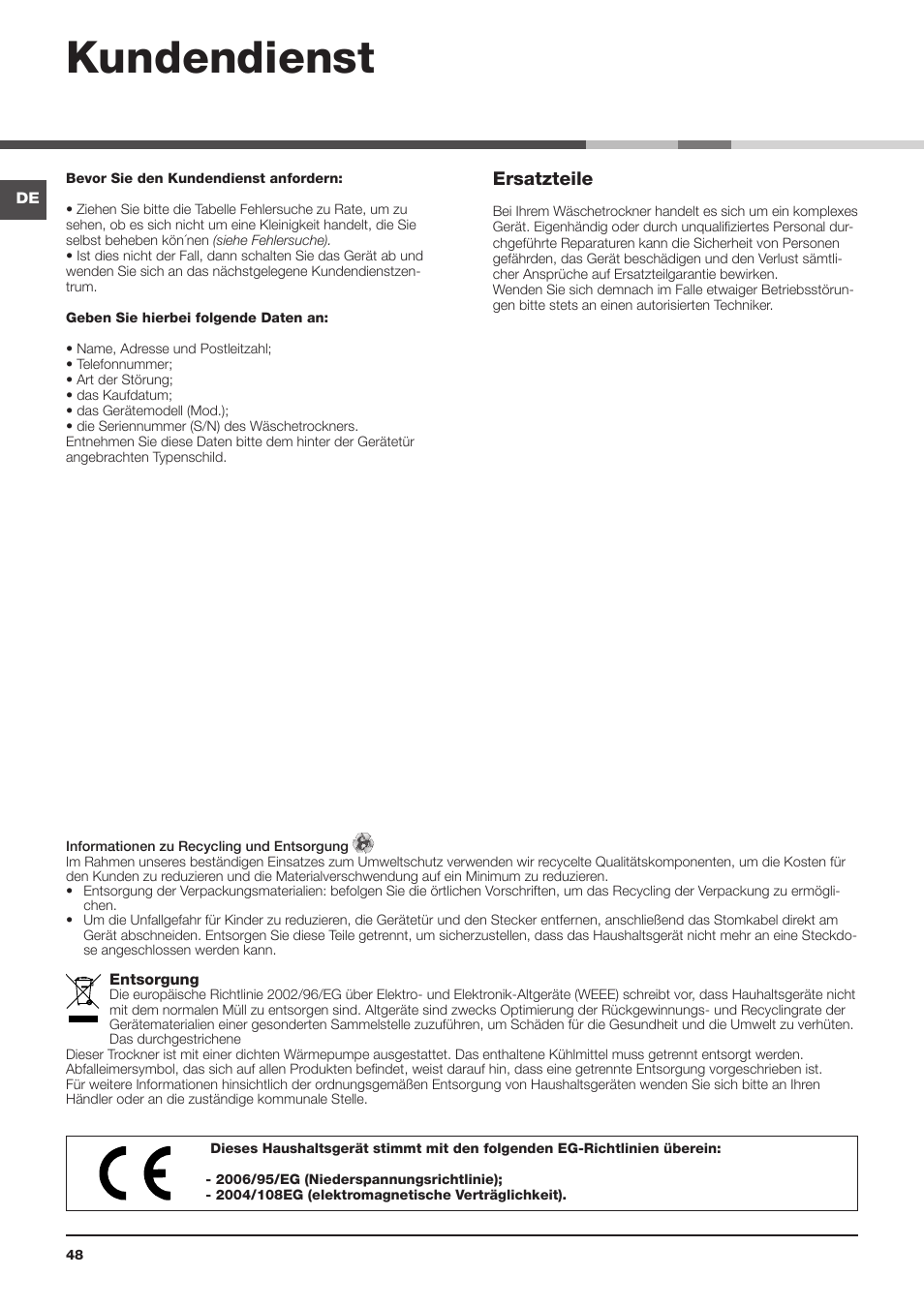 Kundendienst, Ersatzteile | Indesit IDC 75 User Manual | Page 48 / 84