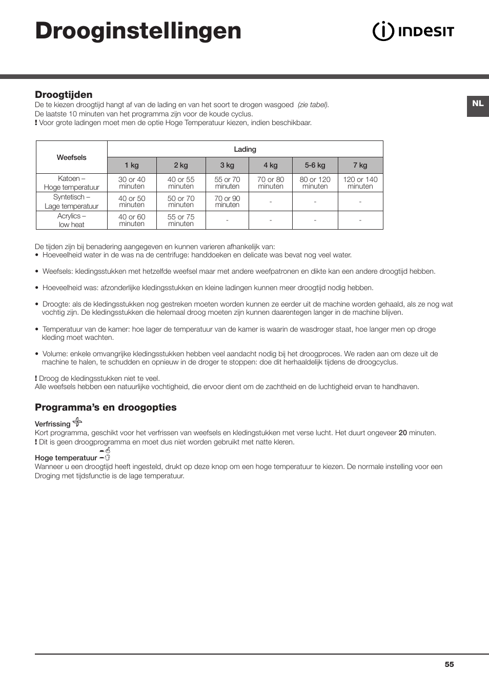 Drooginstellingen, Droogtijden, Programma’s en droogopties | Indesit IDC 75 User Manual | Page 55 / 84