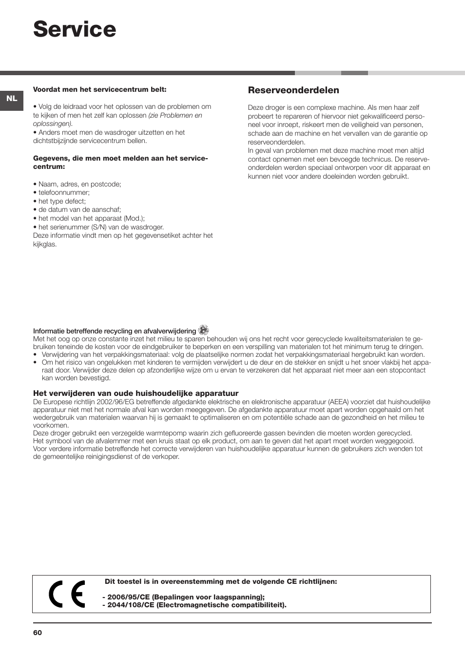 Service, Reserveonderdelen | Indesit IDC 75 User Manual | Page 60 / 84