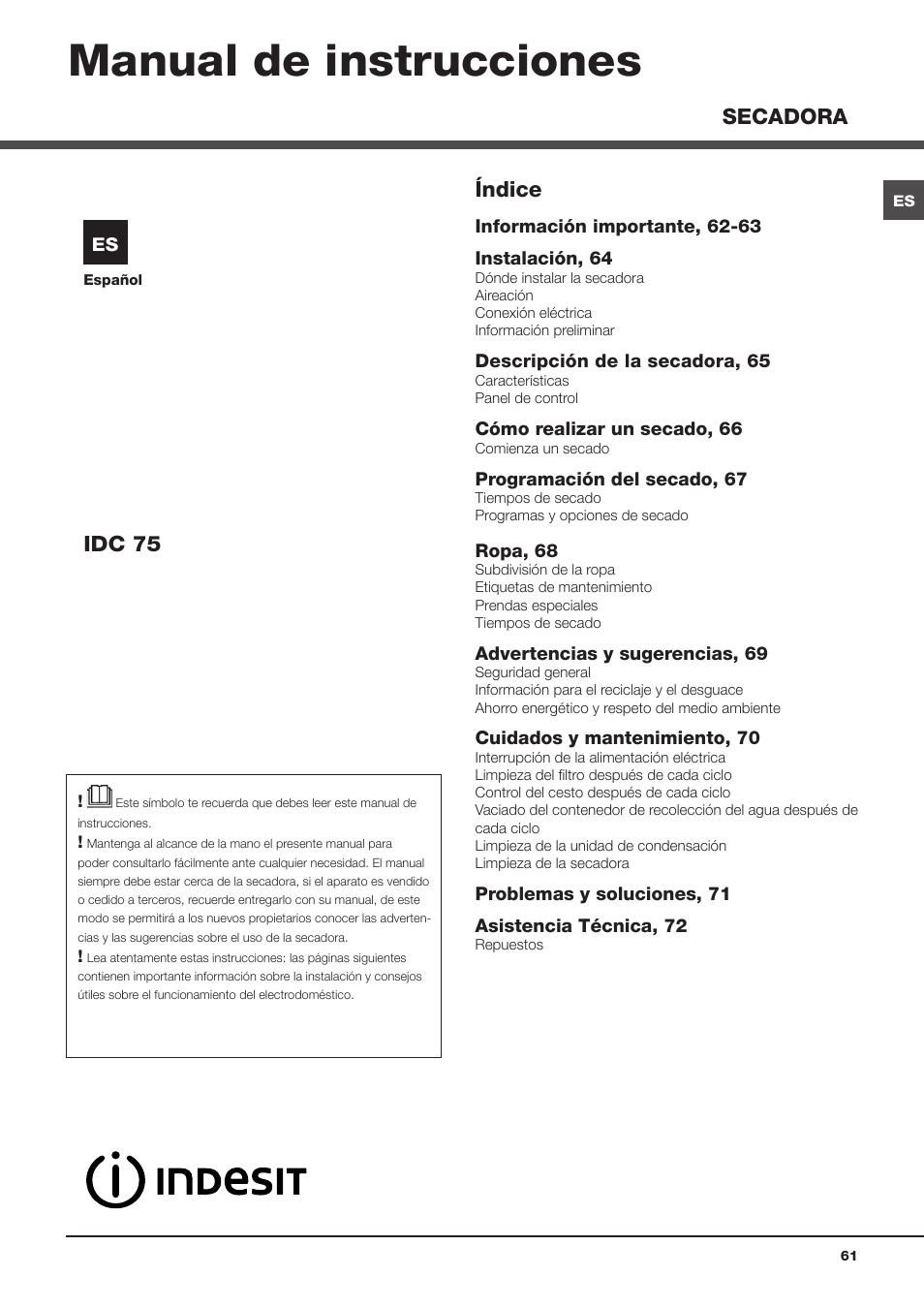 Manual de instrucciones, Índice, Idc 75 | Secadora | Indesit IDC 75 User Manual | Page 61 / 84