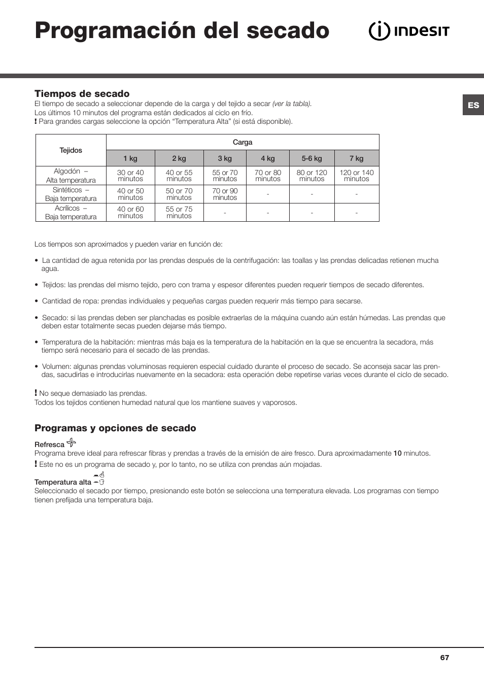 Programación del secado, Tiempos de secado, Programas y opciones de secado | Indesit IDC 75 User Manual | Page 67 / 84