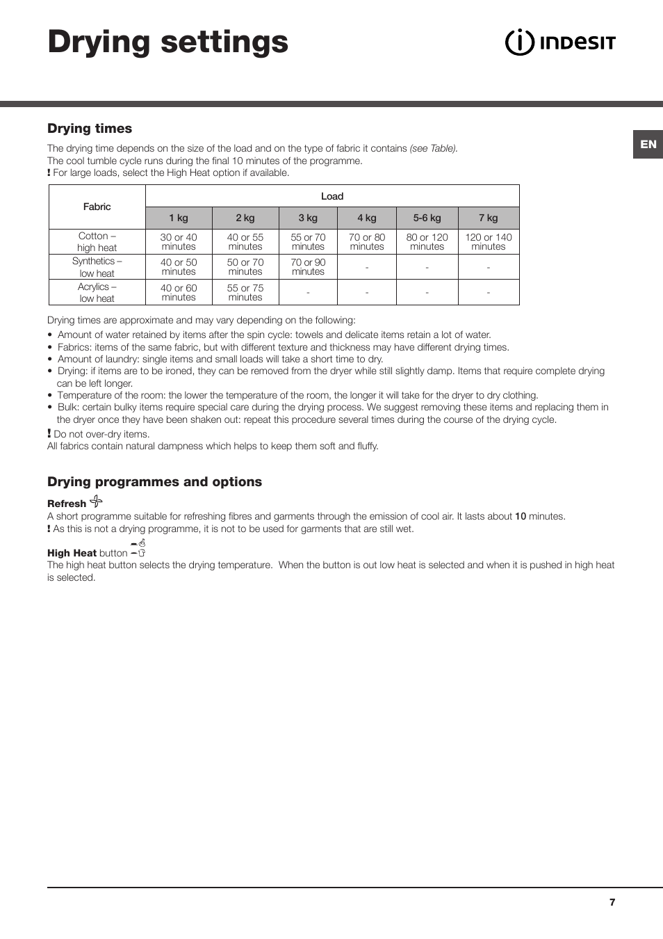 Drying settings, Drying times, Drying programmes and options | Indesit IDC 75 User Manual | Page 7 / 84