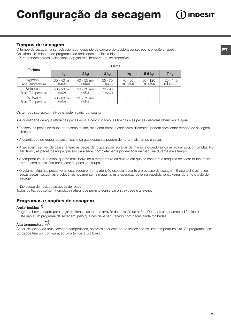 Configuração da secagem, Tempos de secagem, Programas e opções de secagem | Indesit IDC 75 User Manual | Page 79 / 84