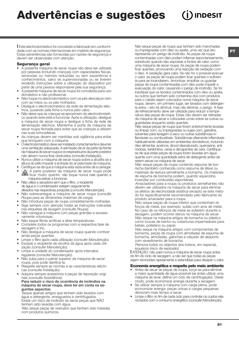 Advertências e sugestões | Indesit IDC 75 User Manual | Page 81 / 84