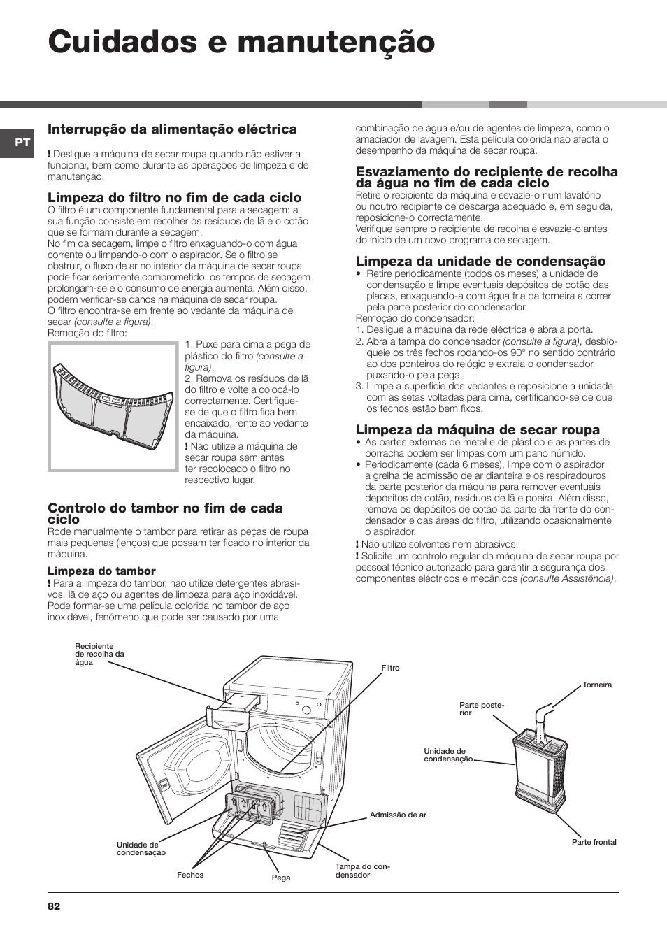 Cuidados e manutenção, Interrupção da alimentação eléctrica, Limpeza do filtro no fim de cada ciclo | Controlo do tambor no fim de cada ciclo, Limpeza da unidade de condensação, Limpeza da máquina de secar roupa | Indesit IDC 75 User Manual | Page 82 / 84