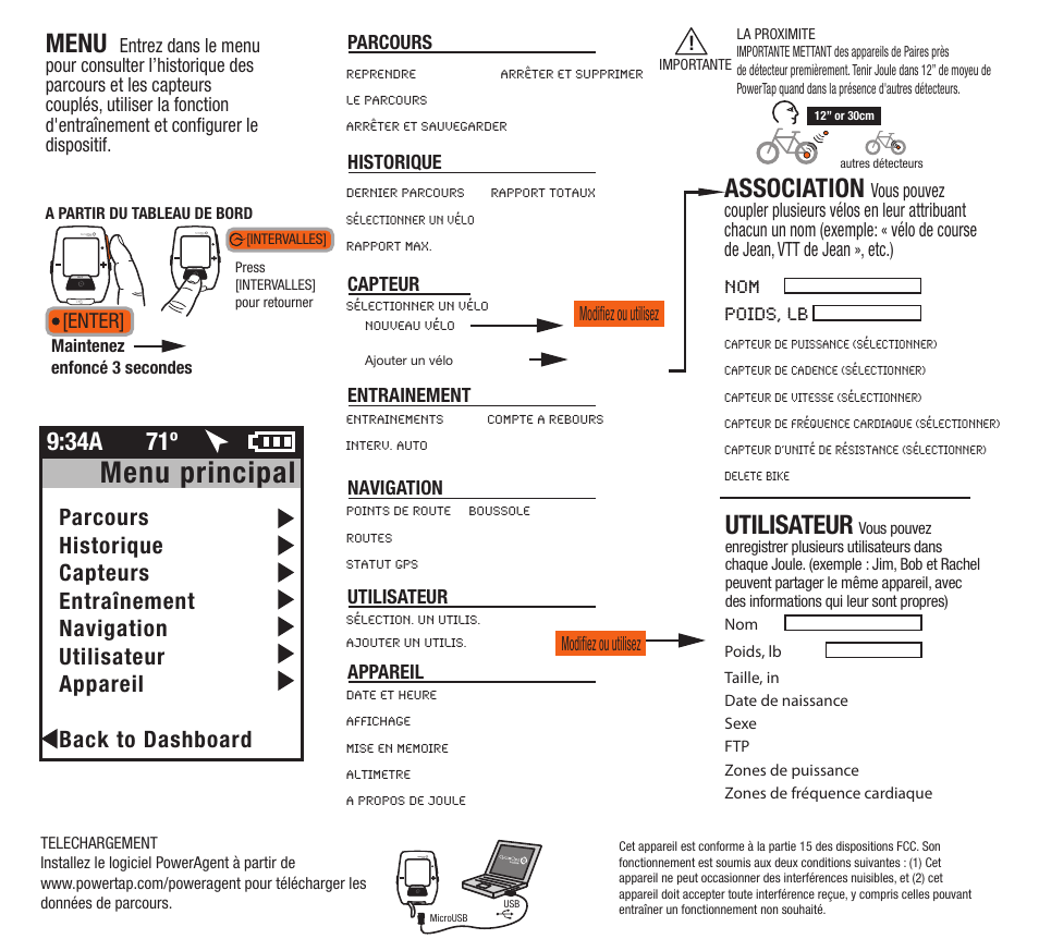 Menu principal, Menu, Association | Utilisateur, 34a 71º, Enter | PowerTap Joule GPS Quick Start User Manual | Page 12 / 24