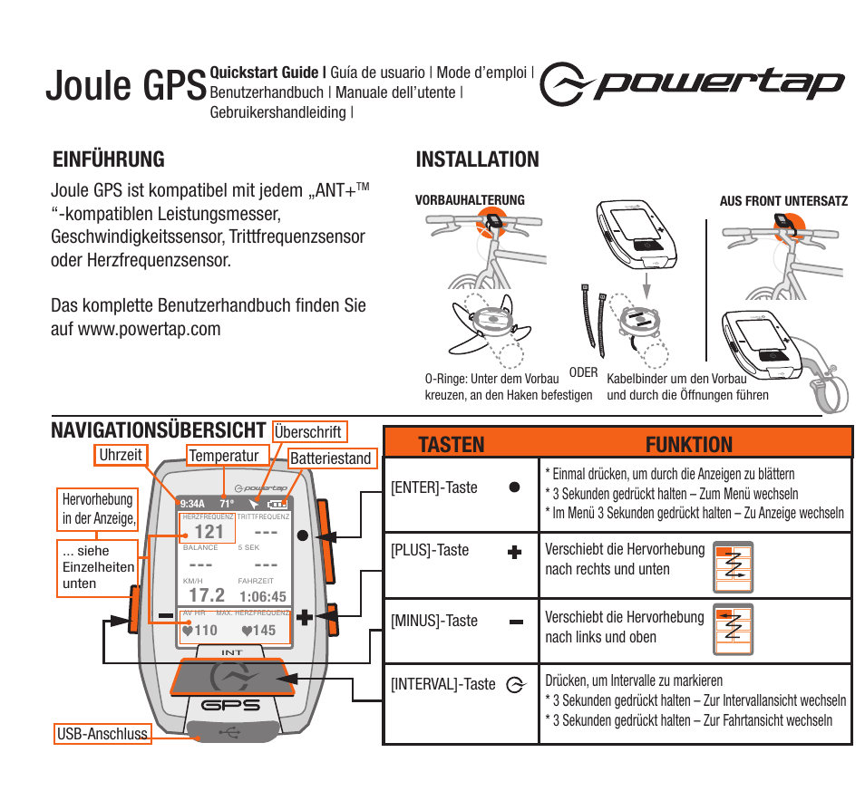 Joule gps, Installation einführung, Navigationsübersicht | Tasten funktion, Joule gps ist kompatibel mit jedem „ant | PowerTap Joule GPS Quick Start User Manual | Page 13 / 24