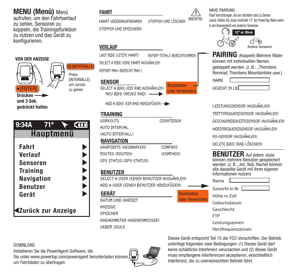Hauptmenü, Menu (menü), Pairing | Benutzer, 34a 71º | PowerTap Joule GPS Quick Start User Manual | Page 16 / 24