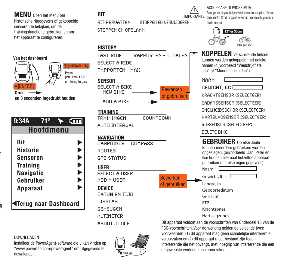Hoofdmenu, Menu, Koppelen | Gebruiker, 34a 71º | PowerTap Joule GPS Quick Start User Manual | Page 20 / 24