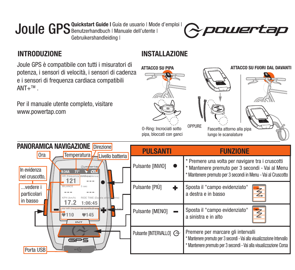 Joule gps, Installazione introduzione, Panoramica navigazione | Pulsanti funzione | PowerTap Joule GPS Quick Start User Manual | Page 21 / 24