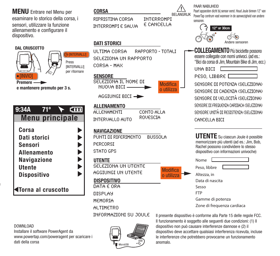Menu principale, Menu, Collegamento | Utente, 34a 71º | PowerTap Joule GPS Quick Start User Manual | Page 24 / 24