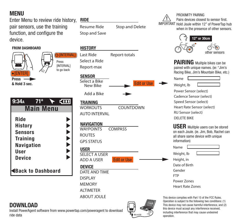 Main menu, Download, Menu | Pairing, User | PowerTap Joule GPS Quick Start User Manual | Page 4 / 24