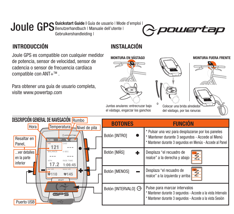 Joule gps, Instalación introducción, Descripción general de navegación | Botones función | PowerTap Joule GPS Quick Start User Manual | Page 5 / 24