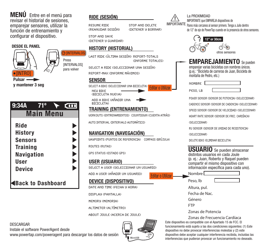 Main menu, Download, Menú | Emparejamiento, Usuario, 34a 71º | PowerTap Joule GPS Quick Start User Manual | Page 8 / 24