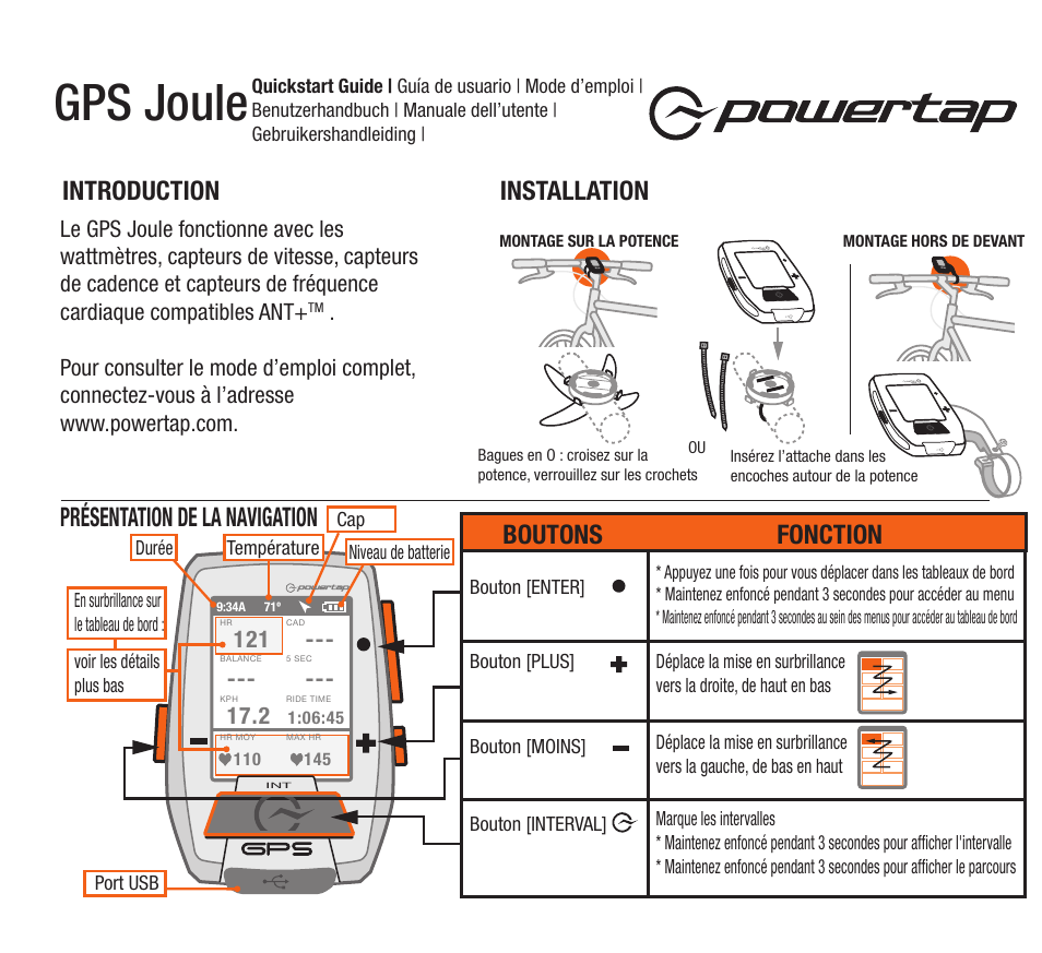 Gps joule, Installation introduction, Présentation de la navigation | Boutons fonction | PowerTap Joule GPS Quick Start User Manual | Page 9 / 24