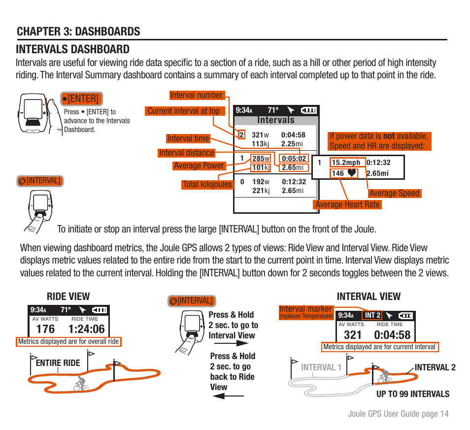 Chapter 3: dashboards, Intervals dashboard, Enter | Interval view, Ride view | PowerTap Joule GPS User Guide User Manual | Page 14 / 67