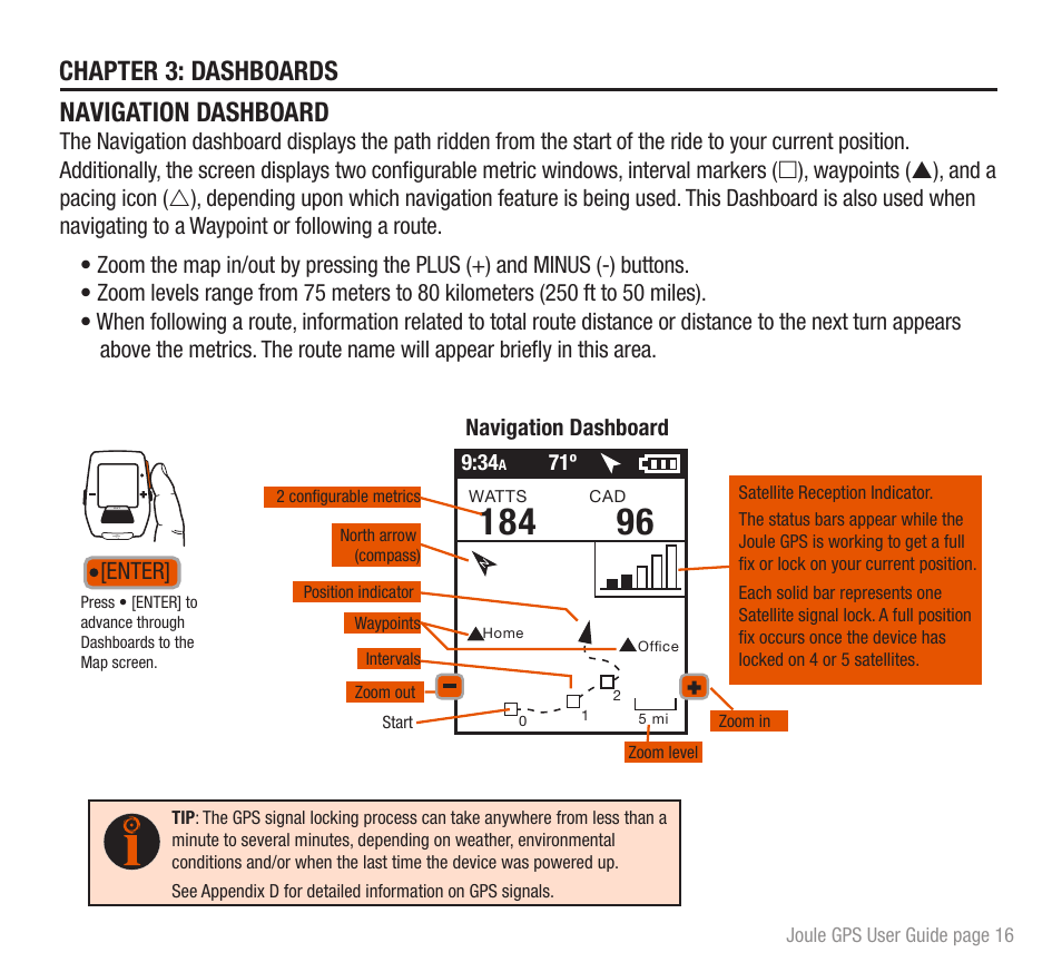 Chapter 3: dashboards navigation dashboard, Enter | PowerTap Joule GPS User Guide User Manual | Page 16 / 67