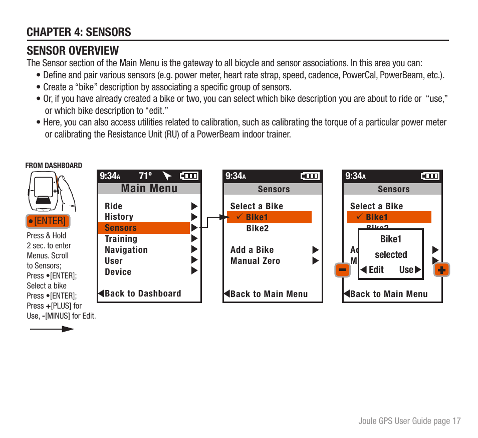 Chapter 4: sensors sensor overview, Main menu | PowerTap Joule GPS User Guide User Manual | Page 17 / 67