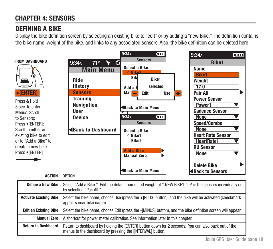 Chapter 4: sensors, Defining a bike, Main menu | Enter | PowerTap Joule GPS User Guide User Manual | Page 18 / 67