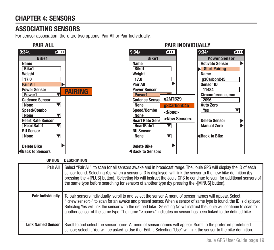 Pairing, Chapter 4: sensors, Associating sensors | Pair individually pair all | PowerTap Joule GPS User Guide User Manual | Page 19 / 67