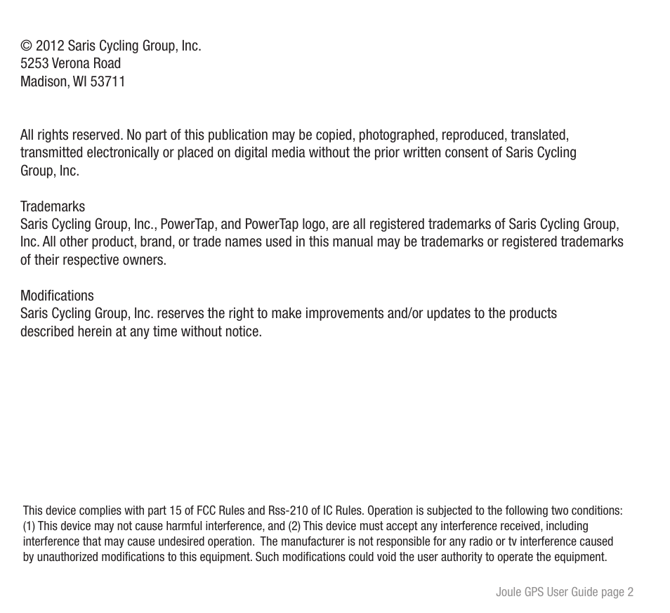 PowerTap Joule GPS User Guide User Manual | Page 2 / 67