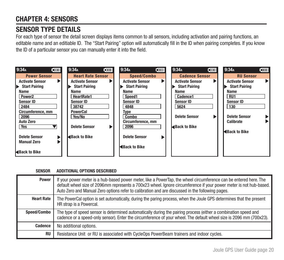 Chapter 4: sensors, Sensor type details, Joule gps user guide page 20 | PowerTap Joule GPS User Guide User Manual | Page 20 / 67