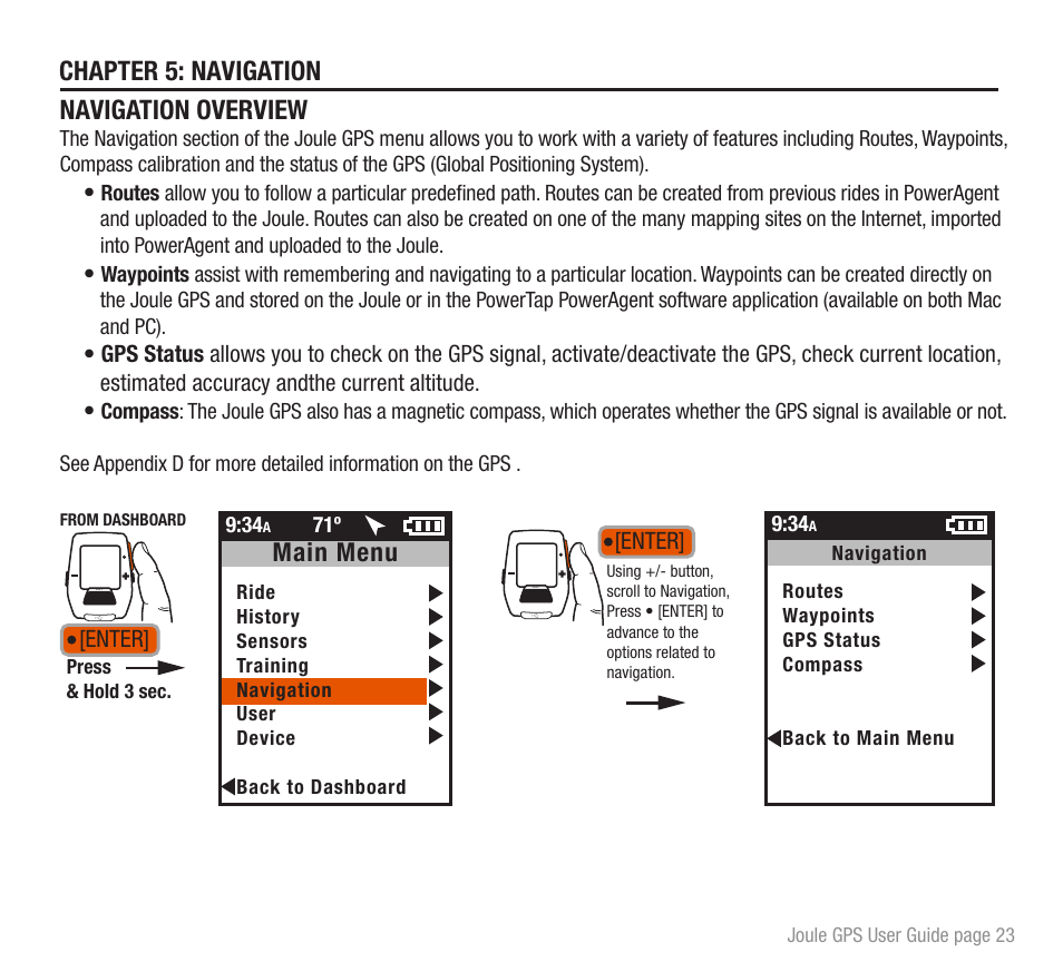 Chapter 5: navigation navigation overview, Main menu | PowerTap Joule GPS User Guide User Manual | Page 23 / 67