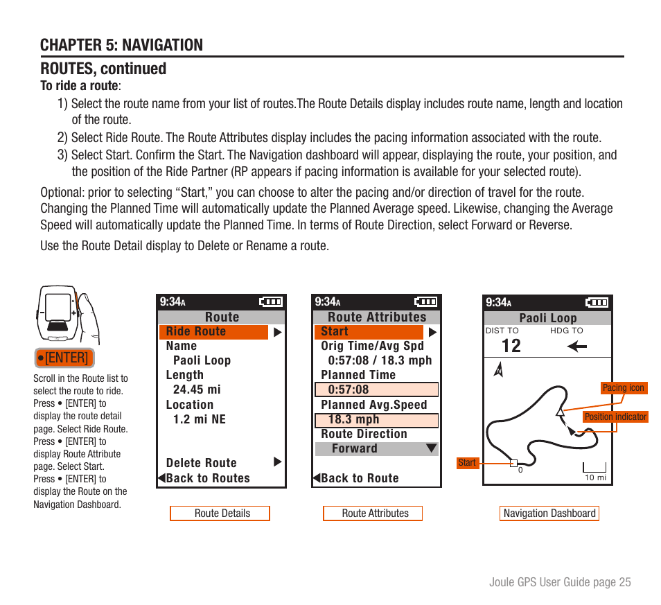 Chapter 5: navigation routes, continued, Enter | PowerTap Joule GPS User Guide User Manual | Page 25 / 67