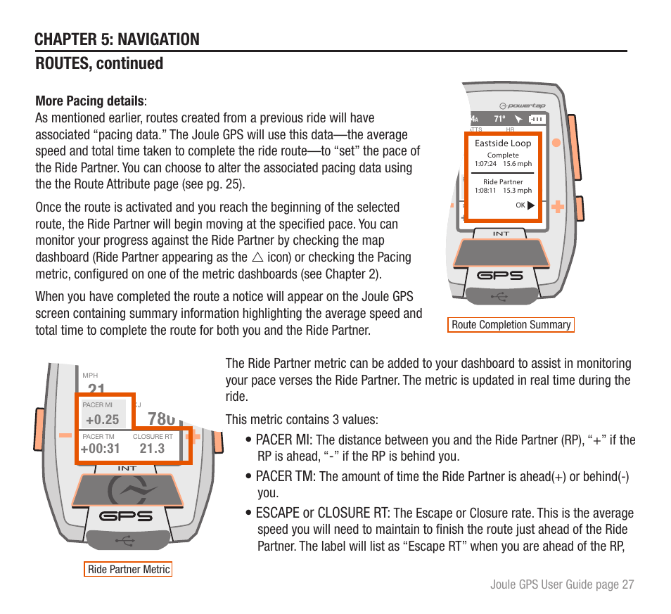 Chapter 5: navigation, Routes, continued, Pacer mi | Pacer tm, Escape or closure rt | PowerTap Joule GPS User Guide User Manual | Page 27 / 67