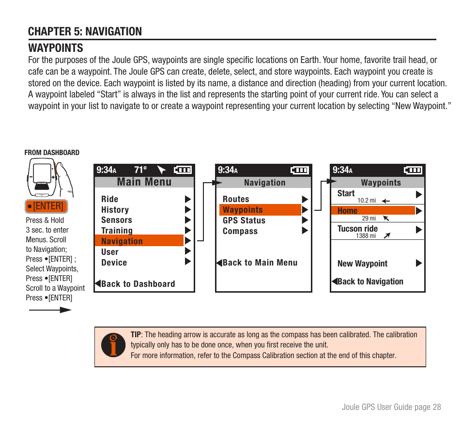 Chapter 5: navigation waypoints, Main menu, Enter | PowerTap Joule GPS User Guide User Manual | Page 28 / 67