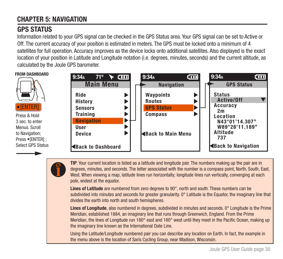 Chapter 5: navigation gps status, Main menu, Enter | PowerTap Joule GPS User Guide User Manual | Page 30 / 67