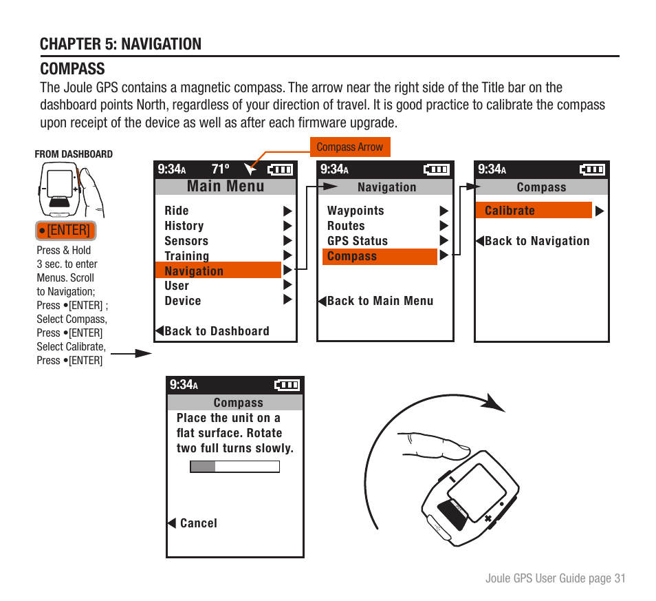 Chapter 5: navigation compass, Main menu, Enter | PowerTap Joule GPS User Guide User Manual | Page 31 / 67